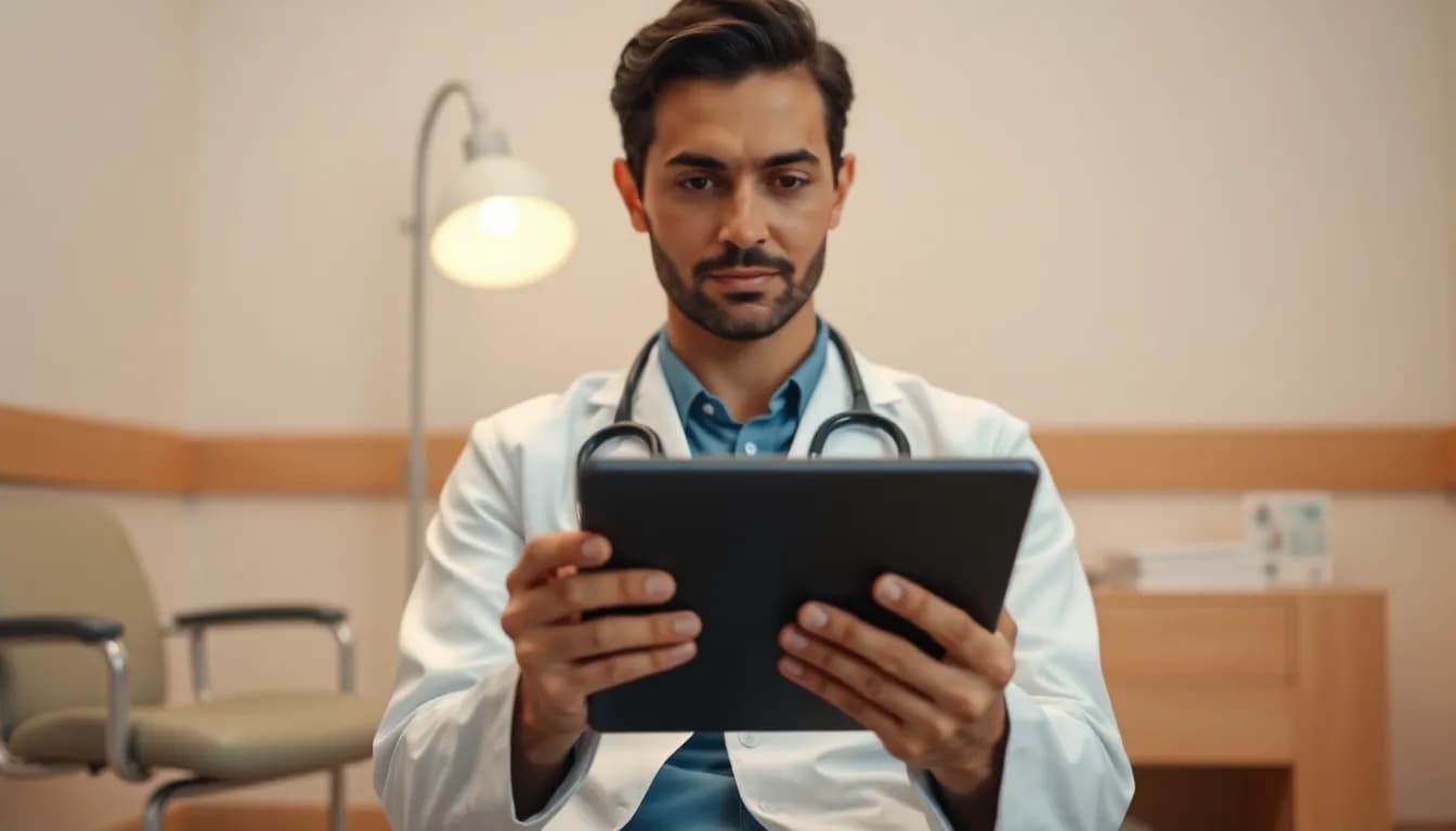 Doctor revisando un tablero digital de agenda y admisión clínica